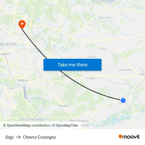 Sigy to Chevry-Cossigny map