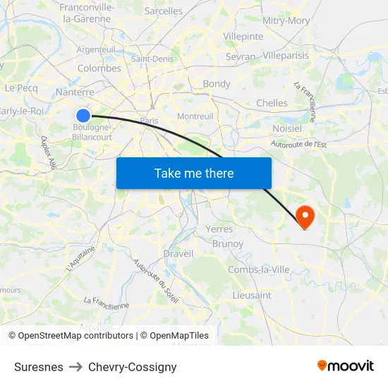 Suresnes to Chevry-Cossigny map