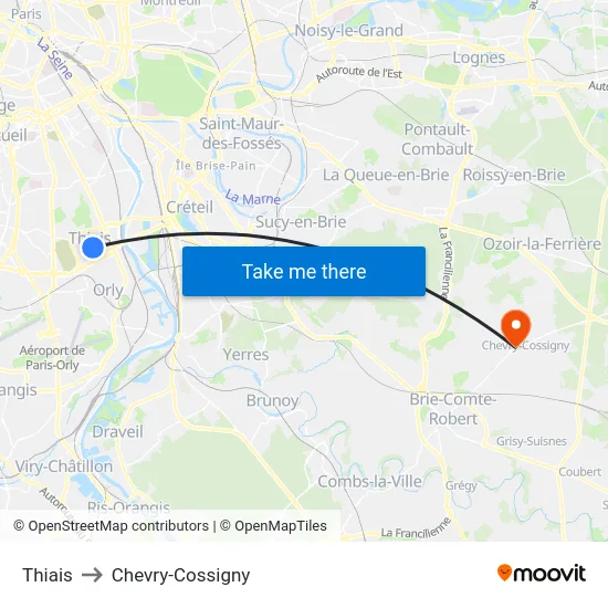 Thiais to Chevry-Cossigny map
