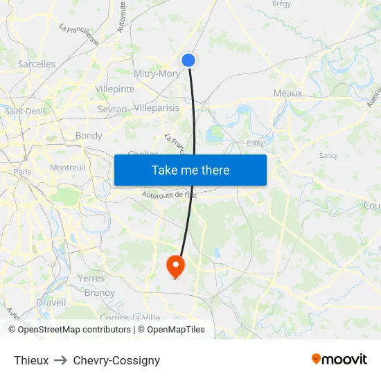 Thieux to Chevry-Cossigny map