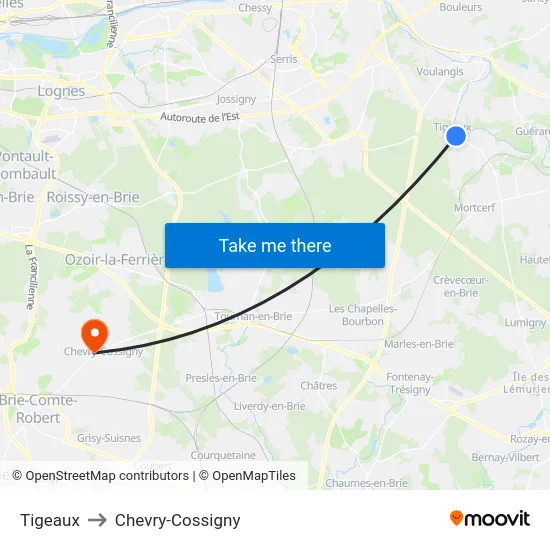 Tigeaux to Chevry-Cossigny map