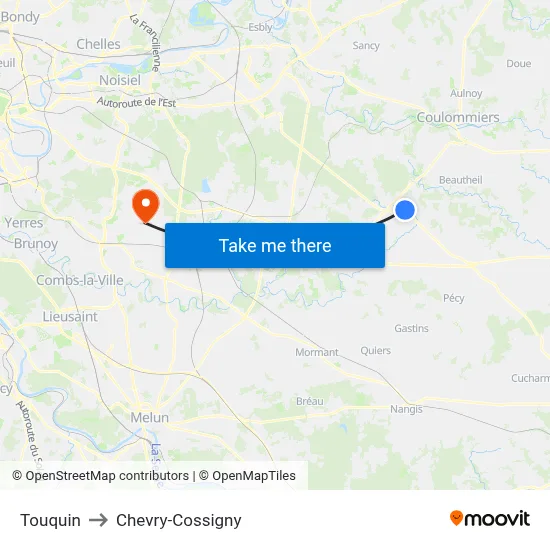 Touquin to Chevry-Cossigny map
