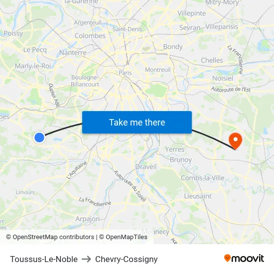 Toussus-Le-Noble to Chevry-Cossigny map