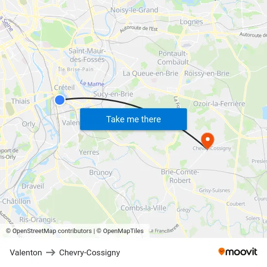 Valenton to Chevry-Cossigny map
