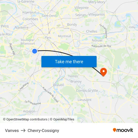 Vanves to Chevry-Cossigny map