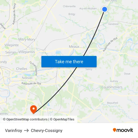Varinfroy to Chevry-Cossigny map