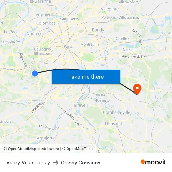 Velizy-Villacoublay to Chevry-Cossigny map