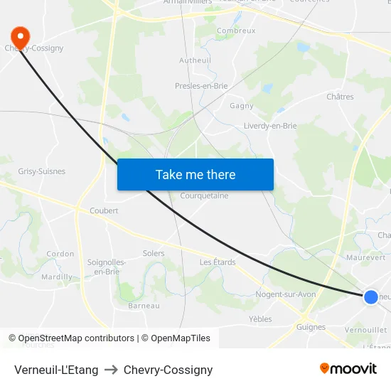 Verneuil-L'Etang to Chevry-Cossigny map