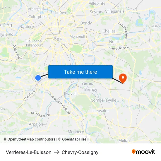 Verrieres-Le-Buisson to Chevry-Cossigny map