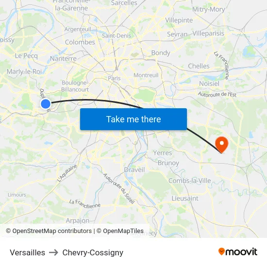 Versailles to Chevry-Cossigny map