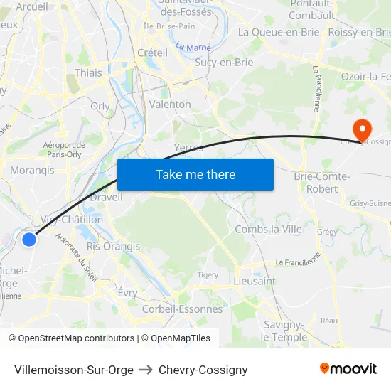 Villemoisson-Sur-Orge to Chevry-Cossigny map
