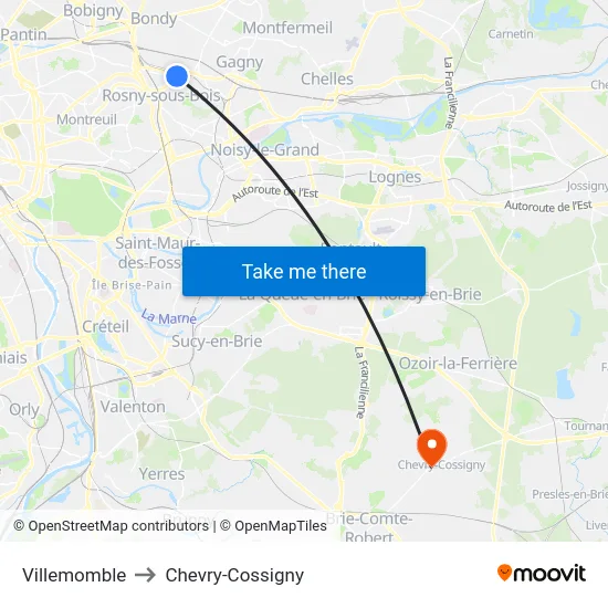 Villemomble to Chevry-Cossigny map