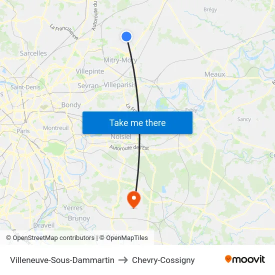 Villeneuve-Sous-Dammartin to Chevry-Cossigny map