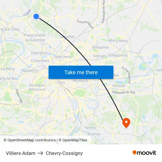 Villiers-Adam to Chevry-Cossigny map