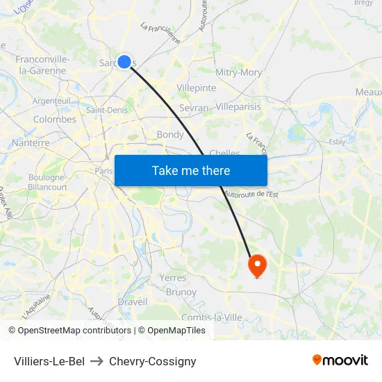 Villiers-Le-Bel to Chevry-Cossigny map
