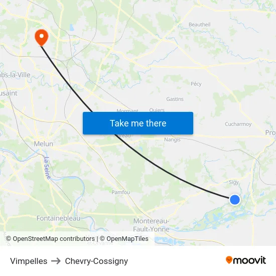 Vimpelles to Chevry-Cossigny map