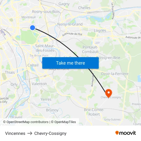 Vincennes to Chevry-Cossigny map