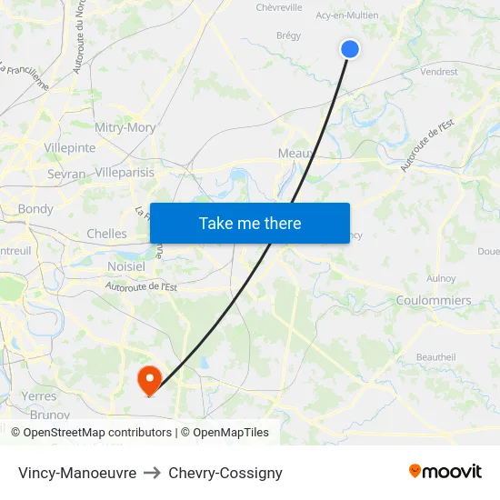 Vincy-Manoeuvre to Chevry-Cossigny map