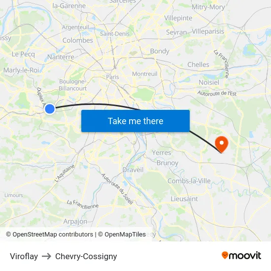 Viroflay to Chevry-Cossigny map