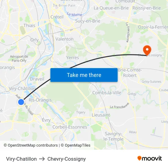 Viry-Chatillon to Chevry-Cossigny map