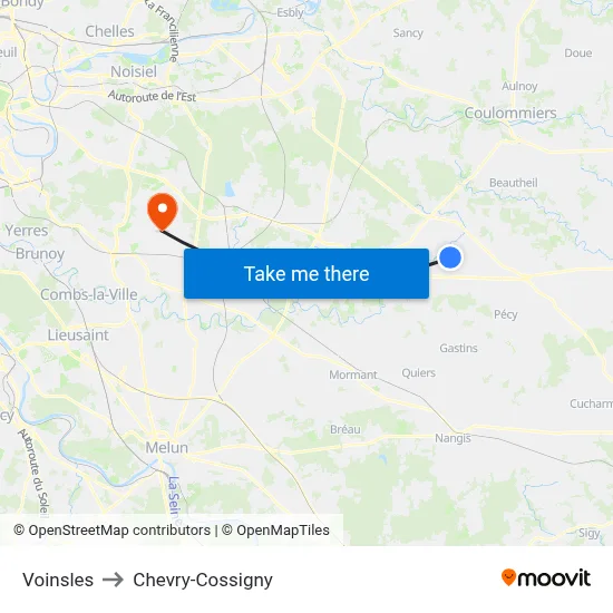 Voinsles to Chevry-Cossigny map