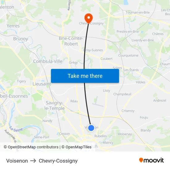 Voisenon to Chevry-Cossigny map