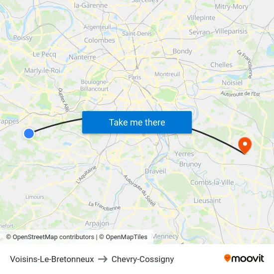 Voisins-Le-Bretonneux to Chevry-Cossigny map