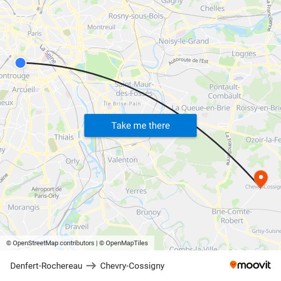 Denfert-Rochereau to Chevry-Cossigny map