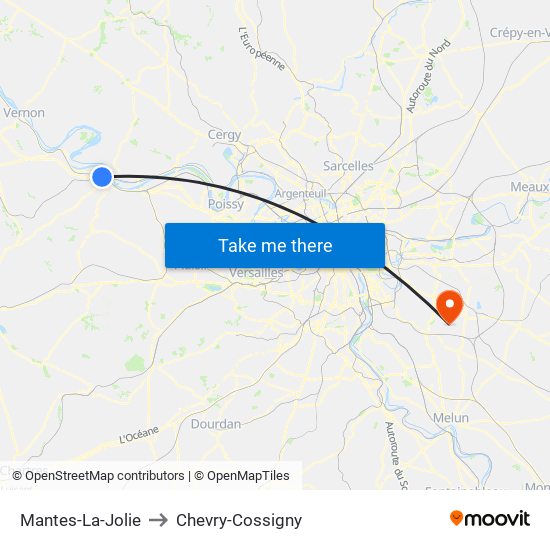 Mantes-La-Jolie to Chevry-Cossigny map