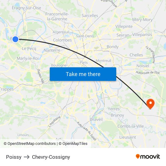 Poissy to Chevry-Cossigny map