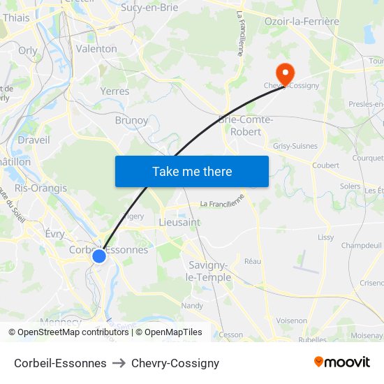 Corbeil-Essonnes to Chevry-Cossigny map