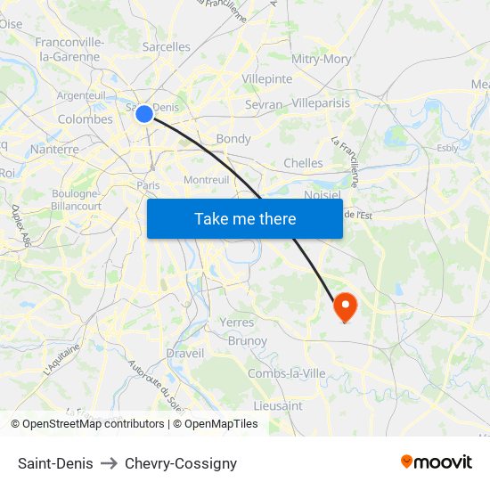 Saint-Denis to Chevry-Cossigny map