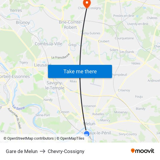 Gare de Melun to Chevry-Cossigny map