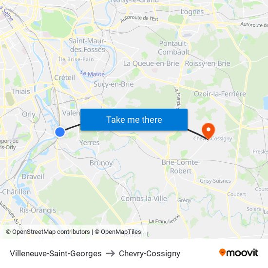 Villeneuve-Saint-Georges to Chevry-Cossigny map