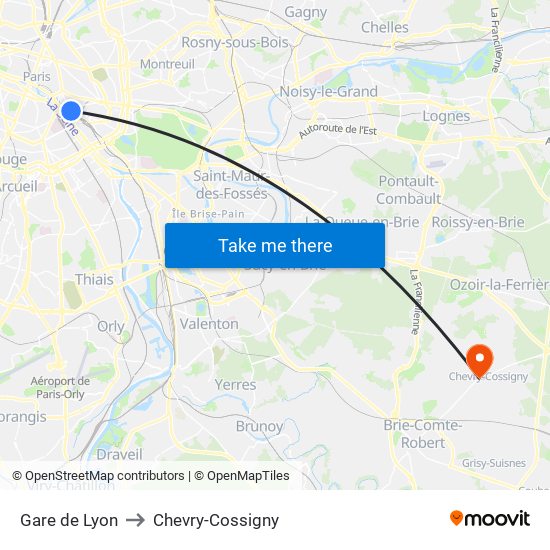 Gare de Lyon to Chevry-Cossigny map