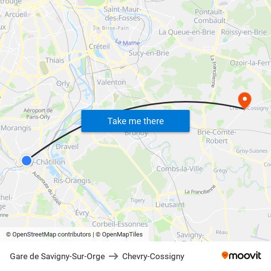 Gare de Savigny-Sur-Orge to Chevry-Cossigny map