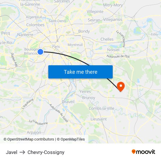 Javel to Chevry-Cossigny map