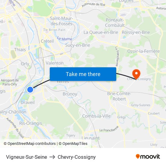 Vigneux-Sur-Seine to Chevry-Cossigny map