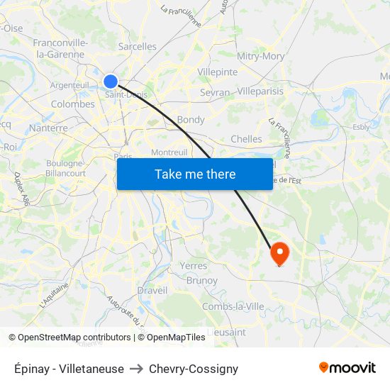 Épinay - Villetaneuse to Chevry-Cossigny map