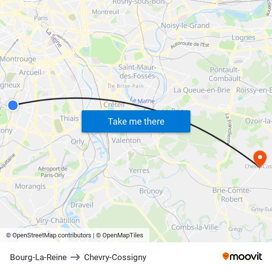 Bourg-La-Reine to Chevry-Cossigny map