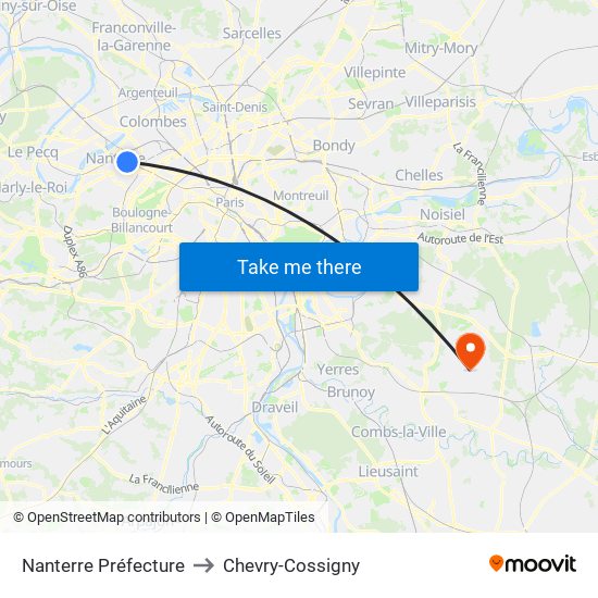 Nanterre Préfecture to Chevry-Cossigny map