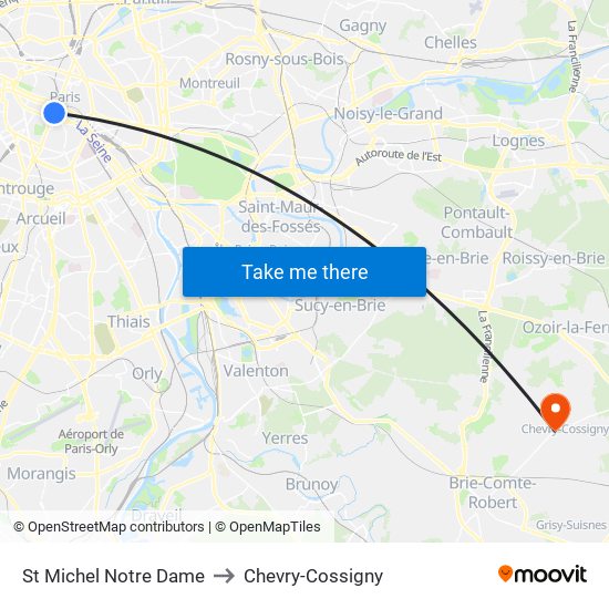 St Michel Notre Dame to Chevry-Cossigny map