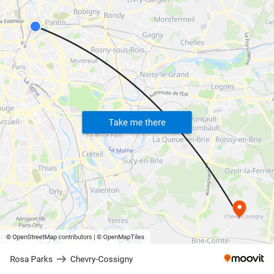 Rosa Parks to Chevry-Cossigny map