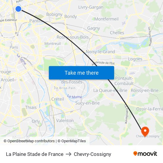 La Plaine Stade de France to Chevry-Cossigny map