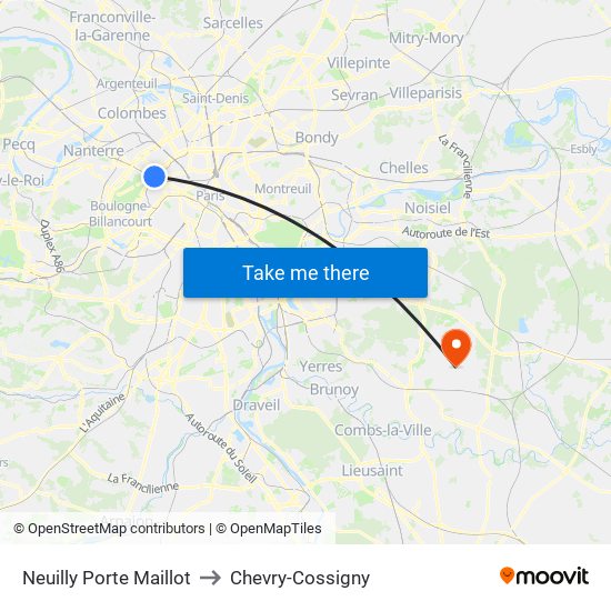 Neuilly Porte Maillot to Chevry-Cossigny map