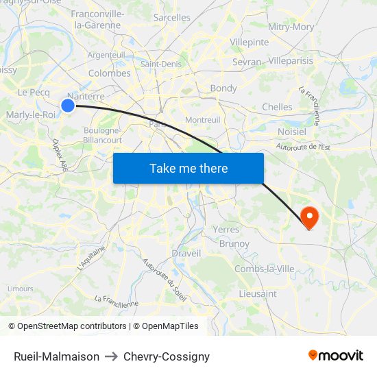 Rueil-Malmaison to Chevry-Cossigny map