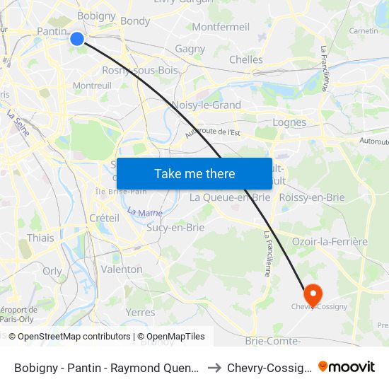 Bobigny - Pantin - Raymond Queneau to Chevry-Cossigny map