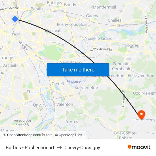 Barbès - Rochechouart to Chevry-Cossigny map