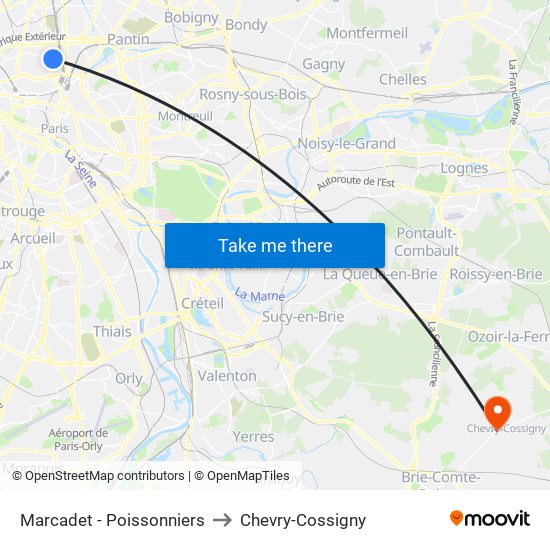 Marcadet - Poissonniers to Chevry-Cossigny map