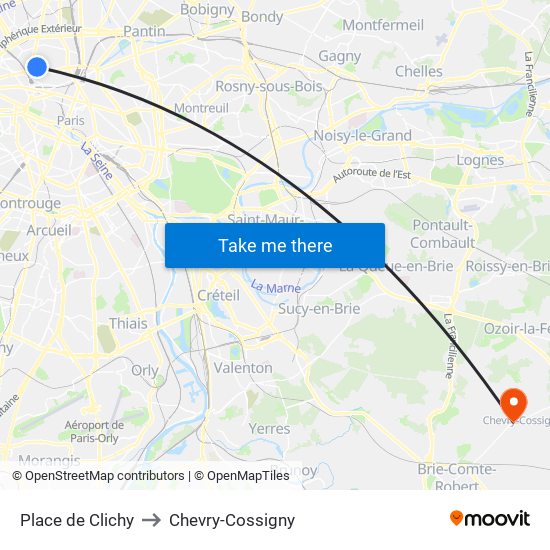 Place de Clichy to Chevry-Cossigny map